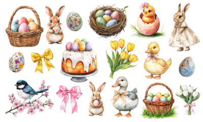 Charming watercolor illustrations of Easter-themed elements, including bunnies, chicks, eggs, flowers, and festive decor. Perfect for seasonal designs and celebrations