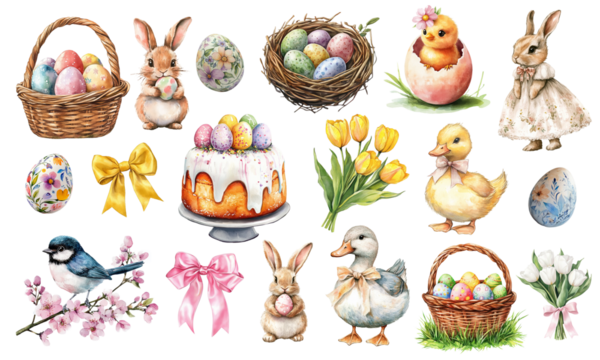 Charming watercolor illustrations of Easter-themed elements, including bunnies, chicks, eggs, flowers, and festive decor. Perfect for seasonal designs and celebrations - Powered by Adobe