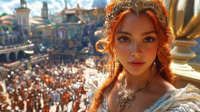 A red-haired woman in elegant attire with a golden crown, overlooking a lively medieval festival with vibrant crowds in the background