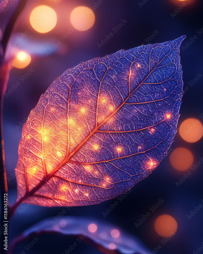 Poster wispy edges of a leaf curling under a subdued periwinkle neon, golden bokeh twinkling in the distanc