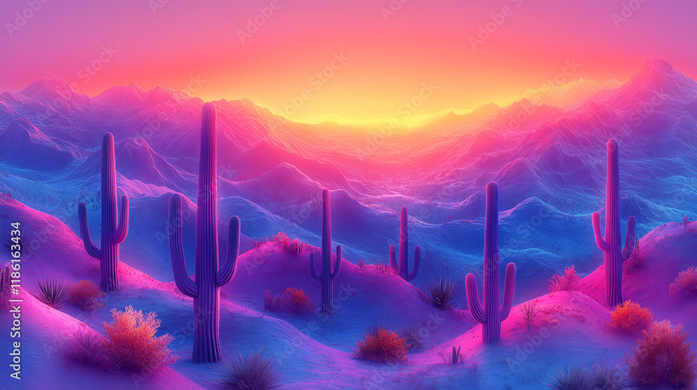 Poster zig-zag cactus ridges highlighted by a gentle neon gradient from pastel purple to aqua, with a soft 