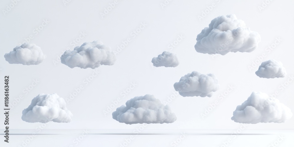 Poster white background with a series of clouds in various sizes. the clouds are scattered throughout the i