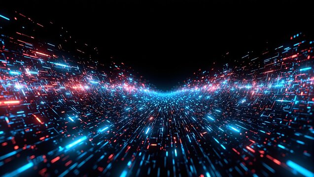 Vibrant neon wave with pixelated edges on a black background exuding tech vibes and energy