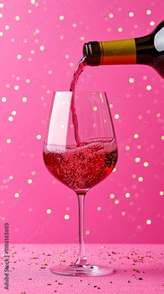 Poster a close up of a pouring red wine stream into a crystal glass with soft bokeh light in the background
