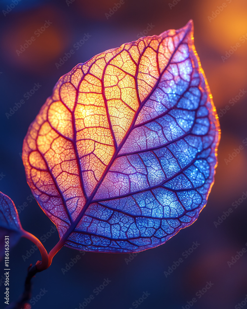 Poster veined leaf shining from within with turquoise-lavender glow, background fading to a gentle buttersc