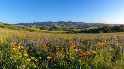 Obraz premium A Large Field of Wild Flowers With Hills in the Background - Generative AI