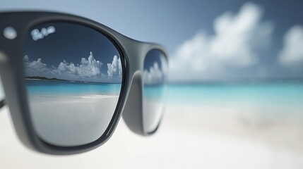 Sunglasses reflecting tropical beach scene.