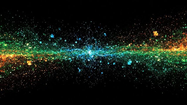 Vibrant neon data lines and glowing squares on a dark background pulsating with digital energy