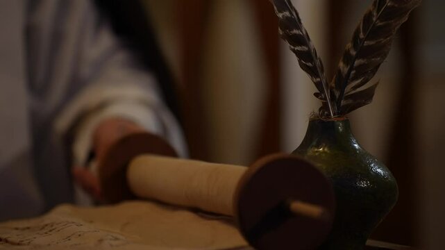 Ancient Scroll Papyrus Manuscript Rolled Carefully by Historian Chronicling Past Events in Dim Light