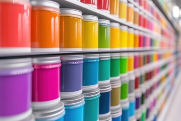 Rows of Colorful Paint Cans Displayed for Sale in Retail Store