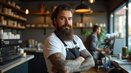 Fototapeta premium Bearded tattooed barista in apron posing looking to camera in a coffee shop
