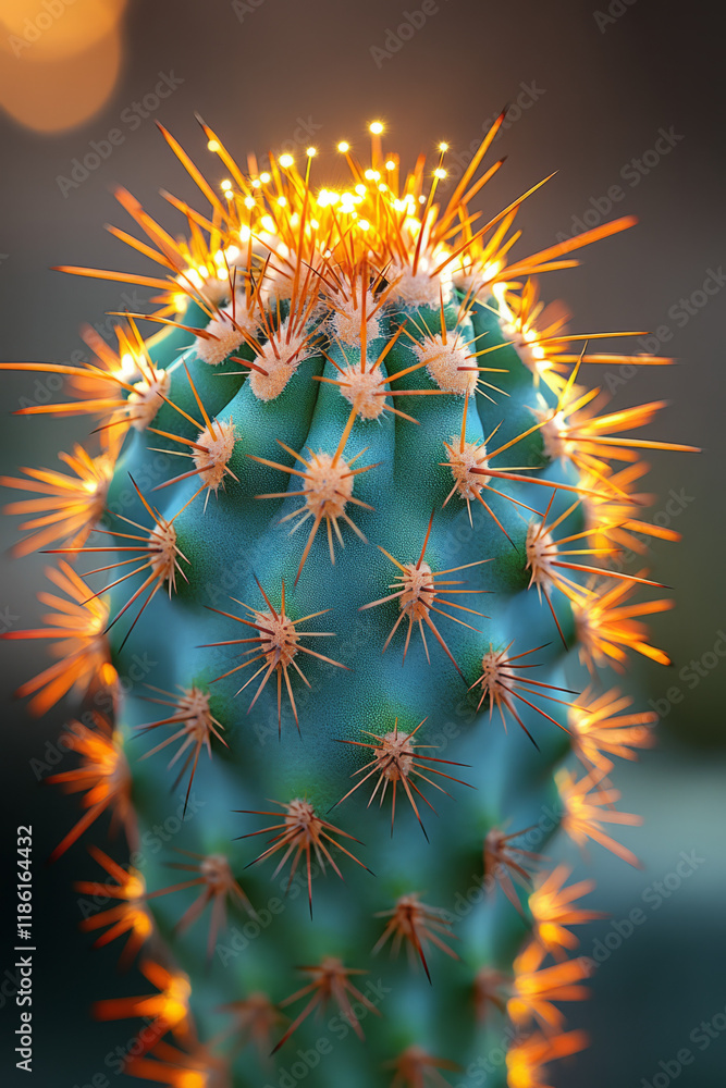 Poster Dramatic macro of thick cactus spines with a bluish-lavender glimmer, behind them a butterscotch bokeh glow,