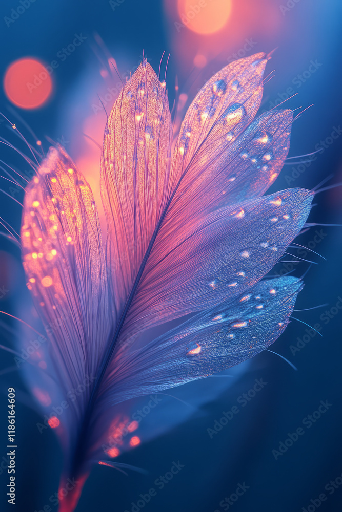 Poster macro look at fuzzy rootlike fibers, bathed in a gentle periwinkle-cerulean light, warm bokeh highli