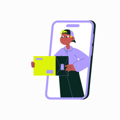 Delivery Worker Holding a Package Inside Smartphone Screen in Flat Vector Illustration Symbolizing Online Delivery, Package Tracking, and E Commerce, Isolated on White Background