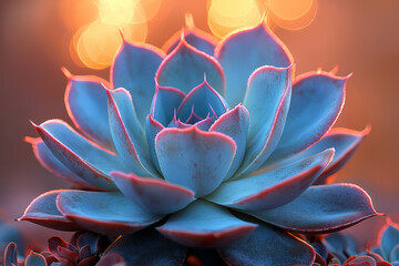 Obraz premium Angular succulent growth in pastel neon hues (lavender and pale teal), set against a golden-brown blur reminiscent of sunset,
