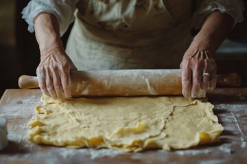 Fototapeta premium A woman rolling out dough with a rolling pin