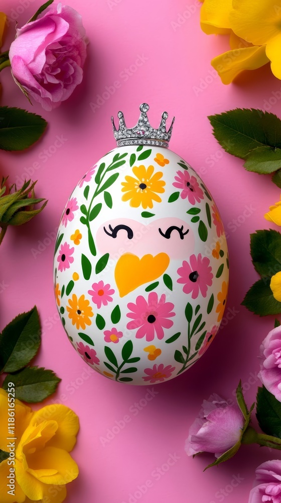 Poster a delicate egg character with floral patterns painted on its shell wearing a tiny tiara and surround