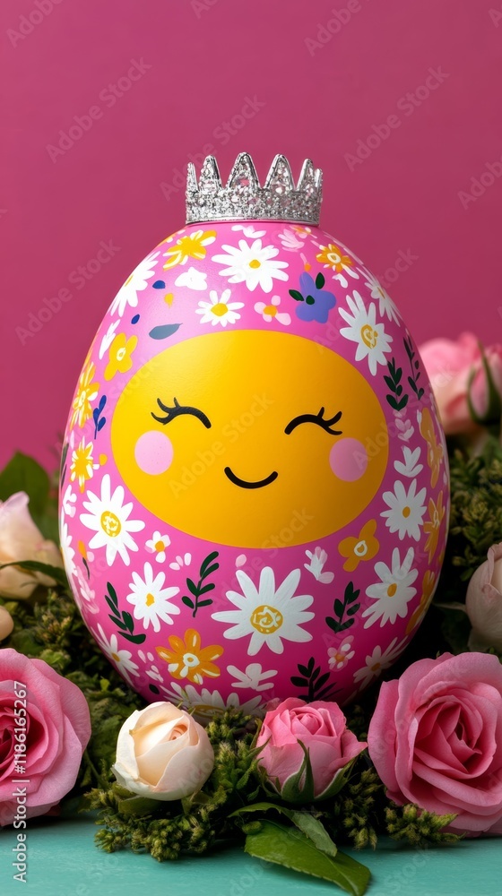 Poster a delicate egg character with floral patterns painted on its shell wearing a tiny tiara and surround