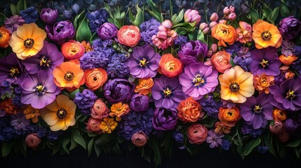 Fototapeta premium Floral arrangement with ranunculus, tulips, anemones, hydrangeas for weddings, birthdays, and spring celebrations