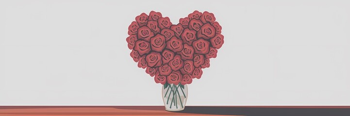A minimalist illustration of a heart made of roses. The roses are in a vase. The vase is on a wooden surface. The background is white.
