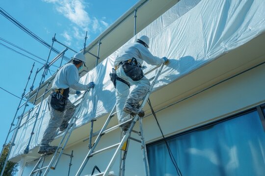 Workers apply fresh paint to the exterior of a house, utilizing ladders and spray equipment in a residential setting
