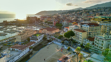 Fototapeta premium Sanremo, Italy. Aerial view of city port and skyline