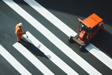 Workers apply fresh road lines using a line striping machine in a city setting during daylight hours