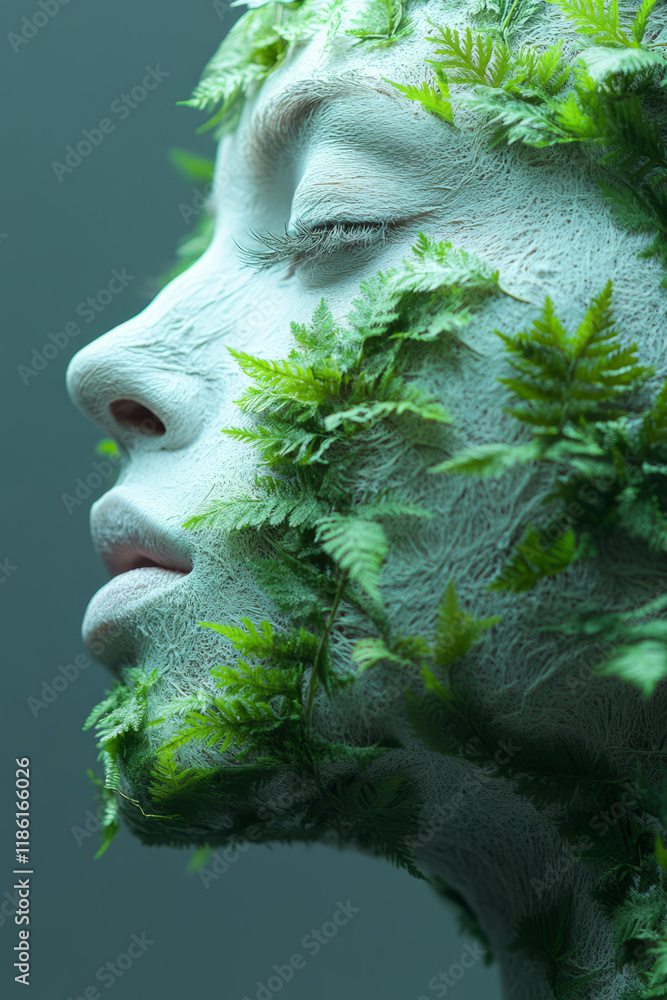 Poster expressionless white visage missing a cheek, replaced by lush green ferns, isolated on a matte gray 