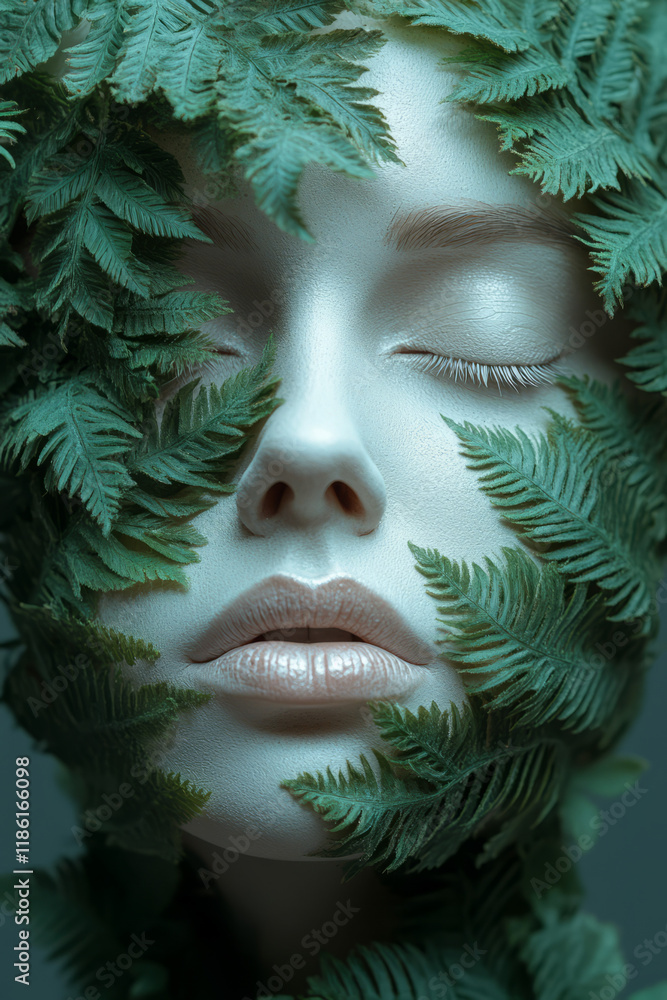 Poster expressionless white visage missing a cheek, replaced by lush green ferns, isolated on a matte gray 