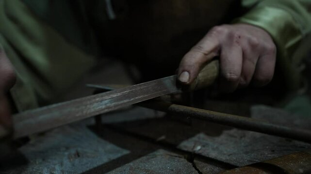 Sharpening Iron Blade Cutting Tool Handmade Artisan Workshop Calloused Hands Craftsmanship Precision Metalwork