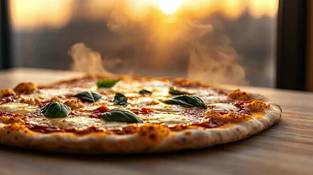 Perfectly baked pizza topped with fresh basil and steam rising at sunset