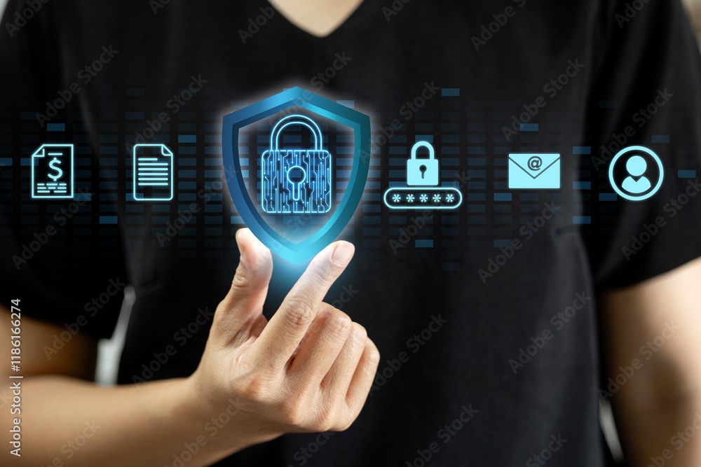 Poster a glowing padlock and digital security icons on a dark background, symbolizing comprehensive data sa