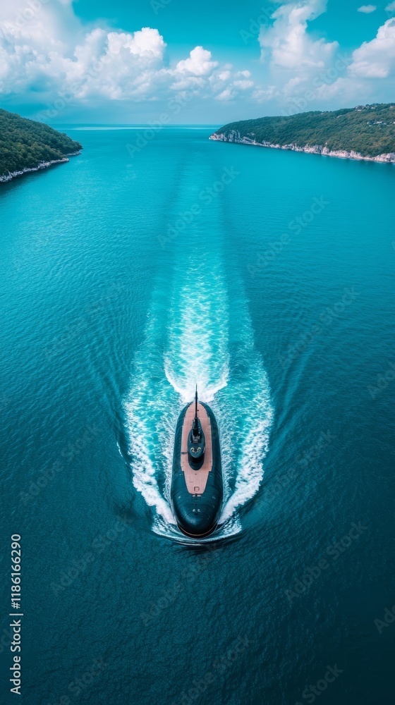 Aufkleber a drones aerial view of a submarine leaving a harbor with rippling waves trailing behind it and a sc