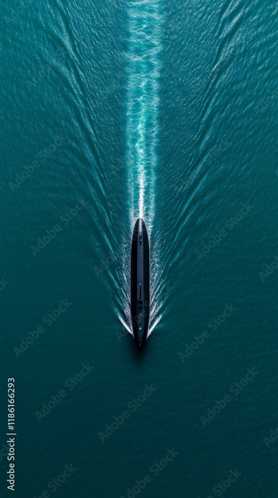 Aufkleber a drones aerial view of a submarine leaving a harbor with rippling waves trailing behind it and a sc