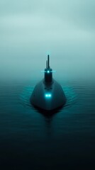 A futuristic military submarine with sleek angular designs and glowing blue lights cruising silently in the deep ocean for a sci fi theme 