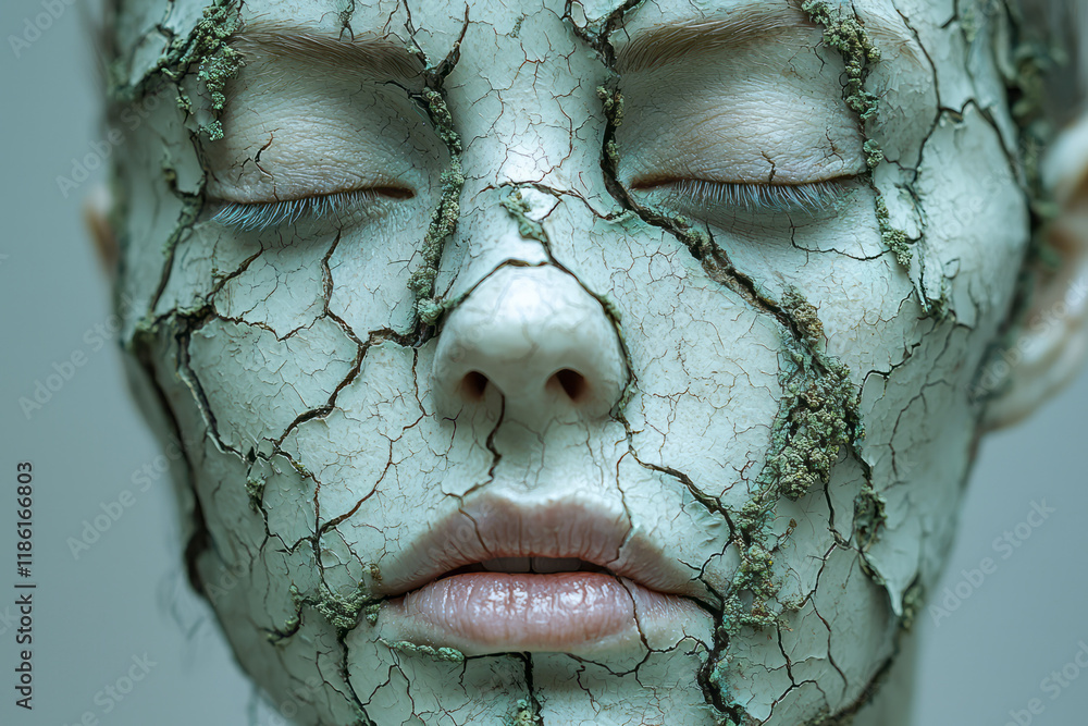 Poster cracked and chipped nose area exposing layers of micro greenery, forming a poignant surreal image on