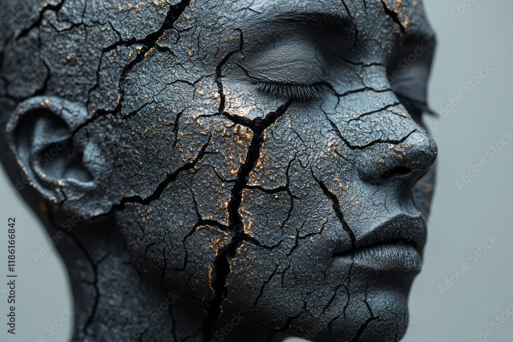 Poster Smooth matte figure with branching fractures across the scalp, revealing bright botanical textures, in front of a dull gray background,