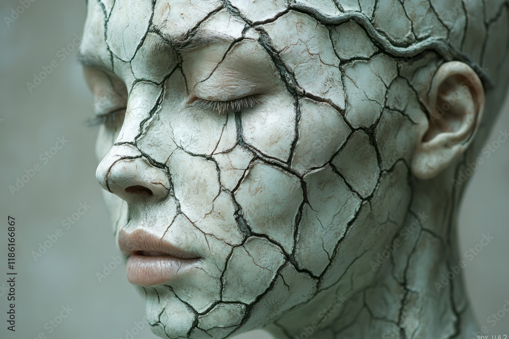 Poster Smooth matte figure with branching fractures across the scalp, revealing bright botanical textures, in front of a dull gray background,