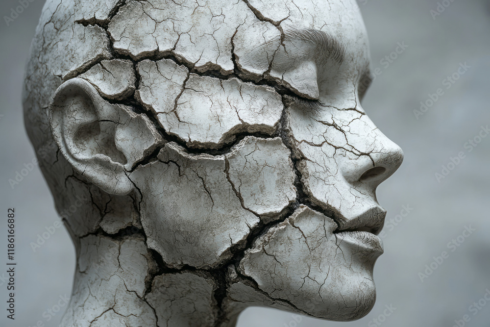 Aufkleber Smooth matte figure with branching fractures across the scalp, revealing bright botanical textures, in front of a dull gray background,