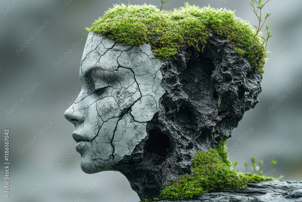 Aufkleber minimal half-head design showing a diagonal break with mosslike vegetation, the neutral gray behind 