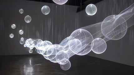 A luminous art installation featuring floating spheres and light trails, creating a mesmerizing visual experience.