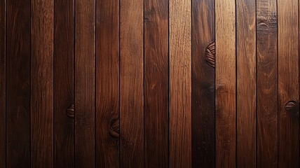 Naklejka premium A close-up view of textured wooden planks arranged in a vertical pattern, showcasing rich brown tones and natural grain variations.