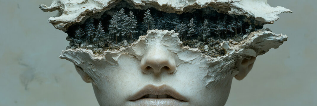 Abstract layered bust with an opening on top revealing a miniature forest, purely white exterior on a toned gray space,