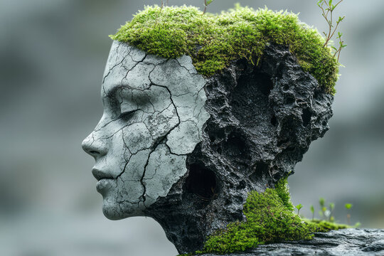 Minimal half-head design showing a diagonal break with mosslike vegetation, the neutral gray behind emphasizing the contrast,