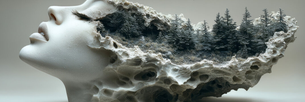 Abstract layered bust with an opening on top revealing a miniature forest, purely white exterior on a toned gray space,