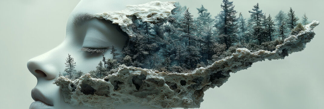 Abstract layered bust with an opening on top revealing a miniature forest, purely white exterior on a toned gray space,