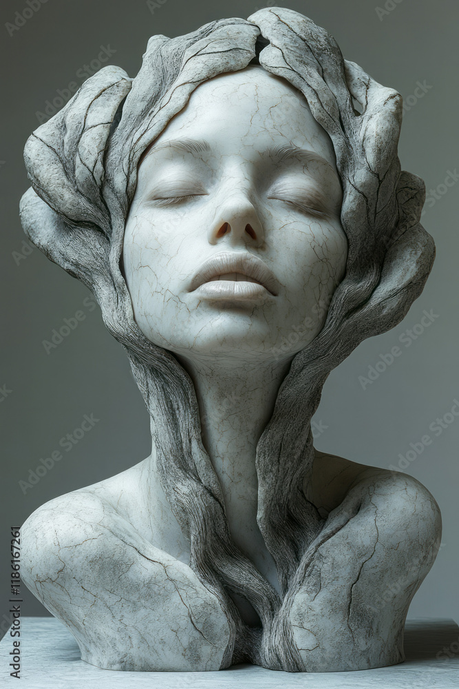 Poster exaggerated ear sculpt with a deep crack showing leafy interior, the white face merging with a simpl