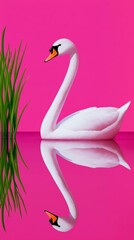 Obraz premium A graceful swan gliding on a pastel hued lake its reflection shimmering in the water surrounded by soft reeds for an elegant animal illustration 