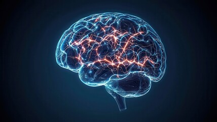 A glowing, digital representation of a human brain, showcasing neural connections and activity with a dark background.