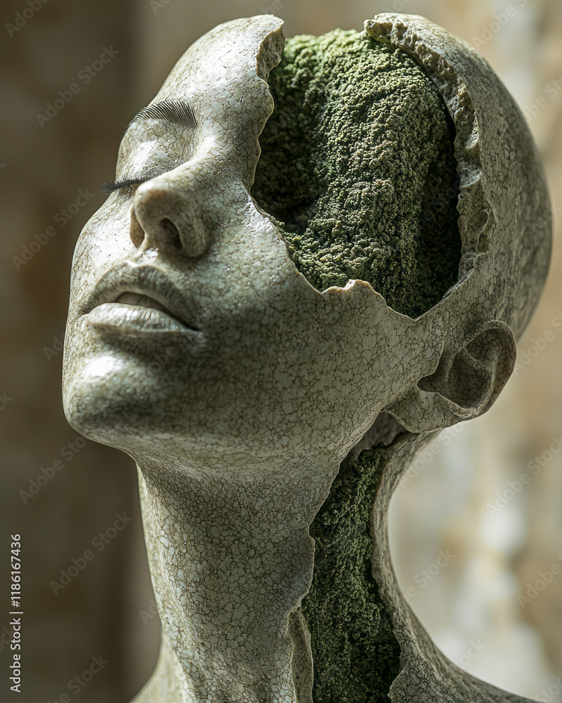 Poster a refined sculpture parted at the brow, showing layers of mossy texture, photographed on a warm ligh